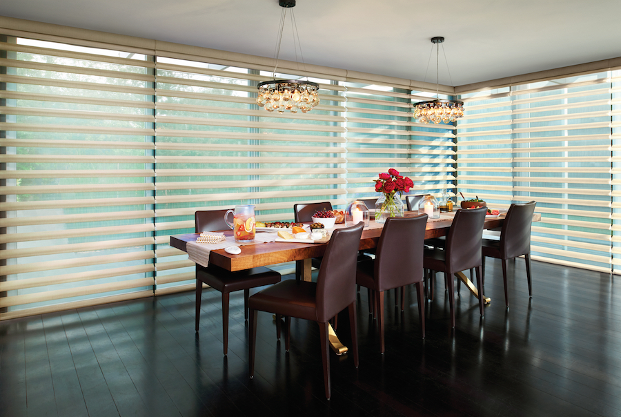 floor to ceiling windows in dining room with pirouette sheer shades Portland OR