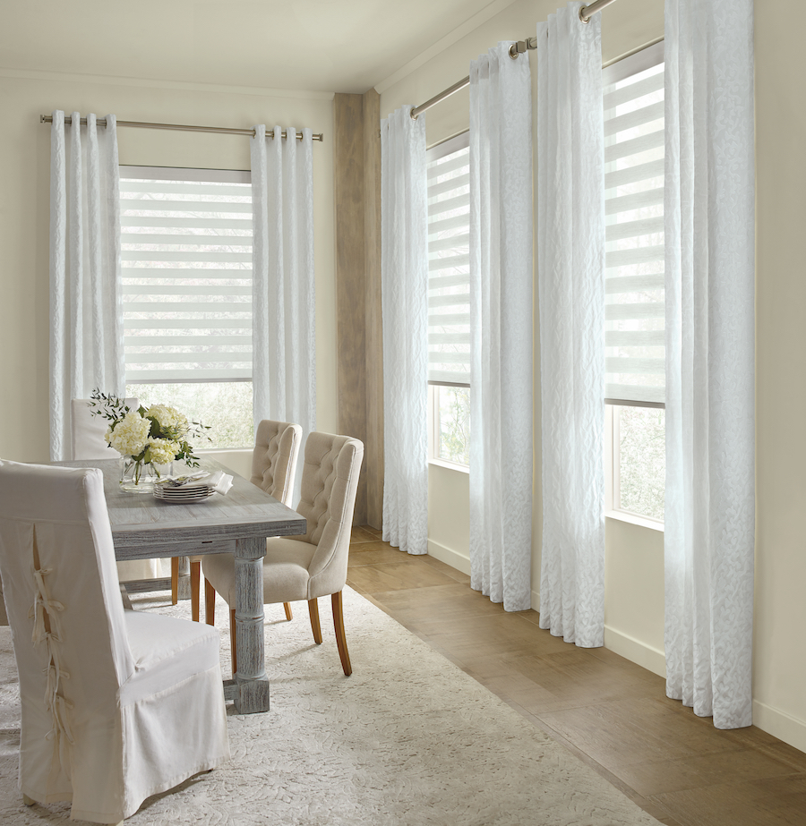 dining room in Hinsdale IL with white draperies and window shades 