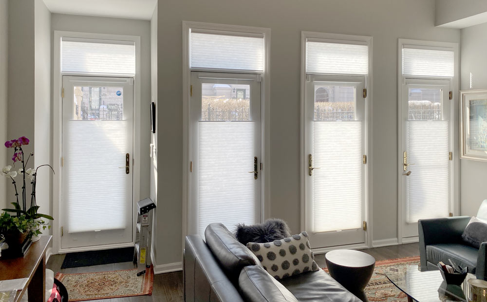 top down honeycomb shades on multiple french doors in Chicago IL