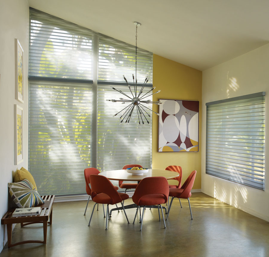 Nantucket sheer shades on angled windows dining room