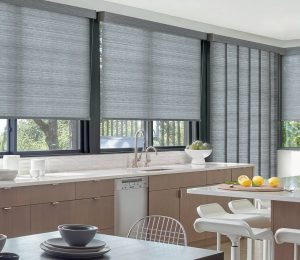 charcoal gray window coverings in kitchen with vertical shades on the glass doors in Vancouver WA
