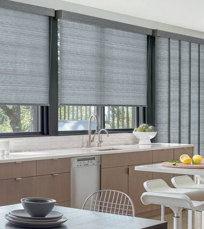 charcoal gray window coverings in kitchen with vertical shades on the glass doors in Vancouver WA