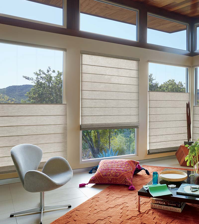 beige roman shades with versatile light control on large windows in Vancouver WA