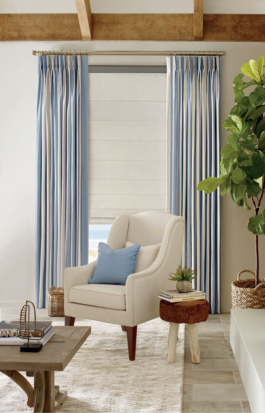 coastal inspired living room with these fabric shades and draperies in Portland, OR