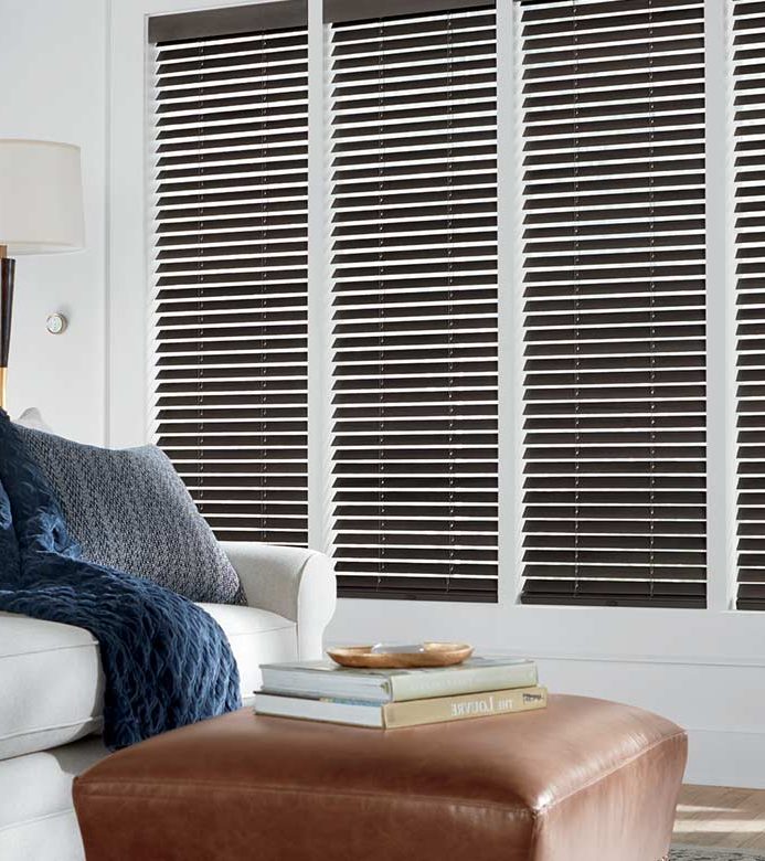 brown wood blinds in white living room in Chicago, il