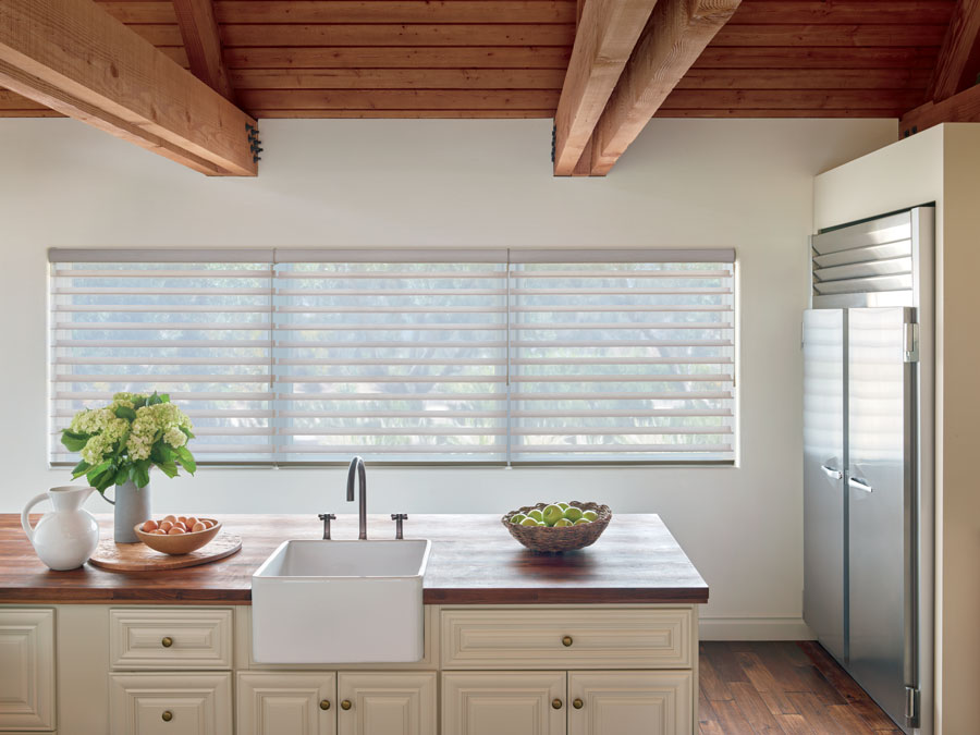 large kitchen window with soft touch wand motorization in Chicago IL