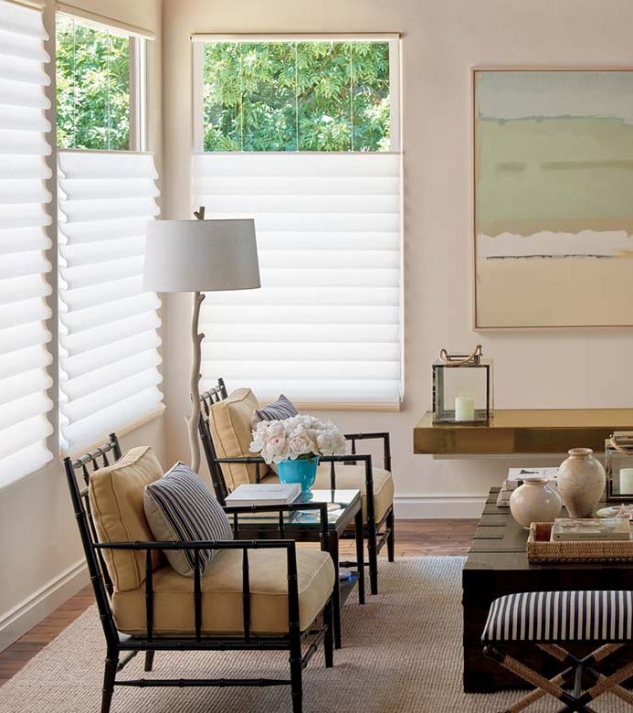 rustic living room with white roman shades
