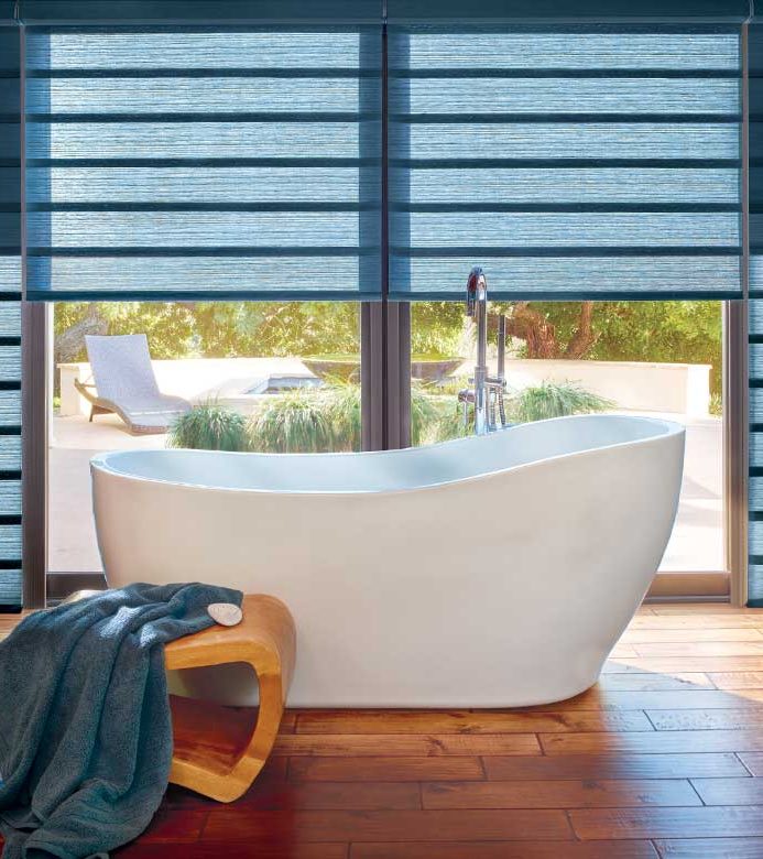 blue dual shades in modern bathroom in Chicago, IL