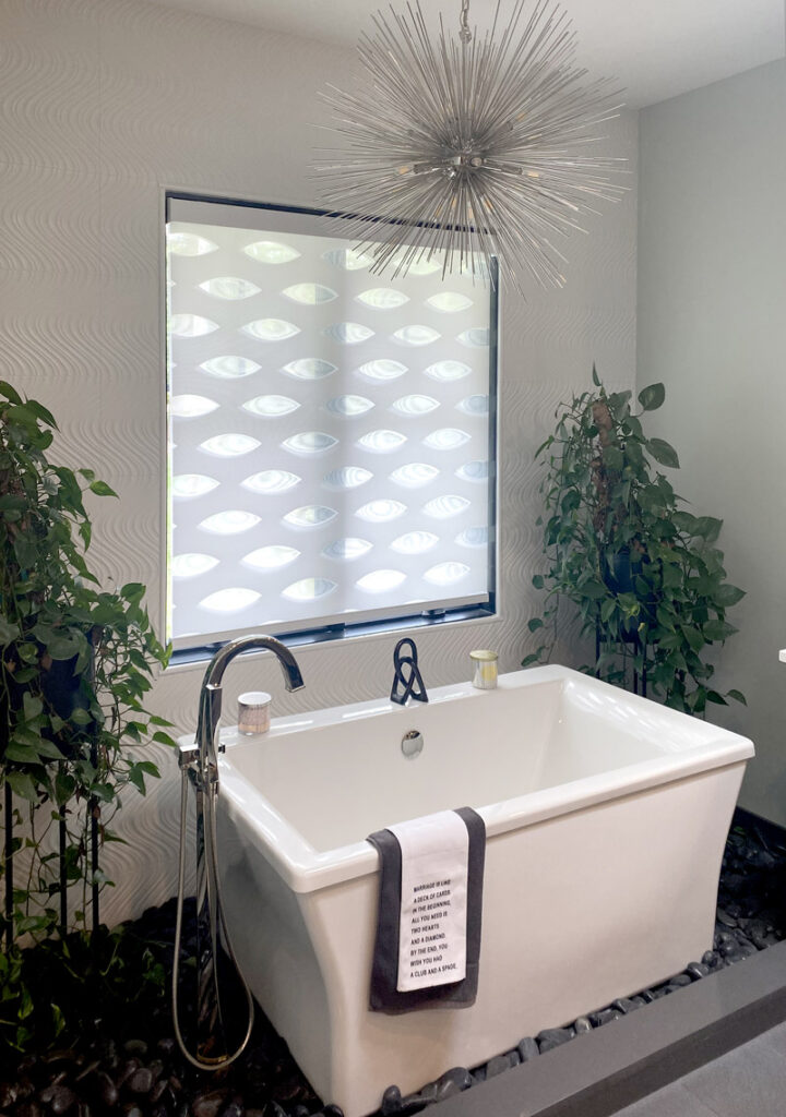 geometric patteens on white designer banded shades in bathroom in Portland