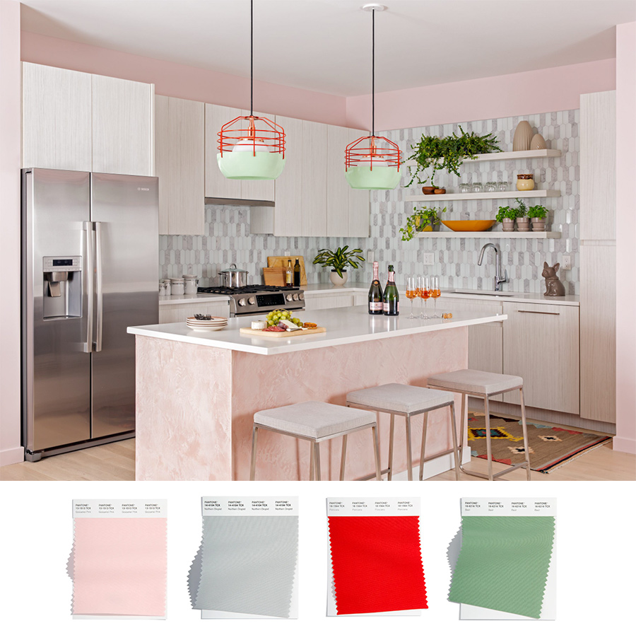 soft pink kitchen with contemporary design elements