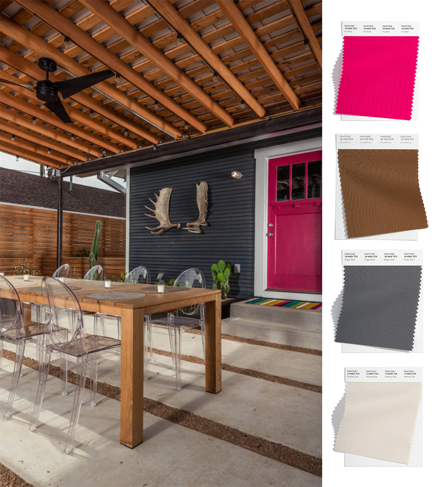 contemporary patio area with pink door