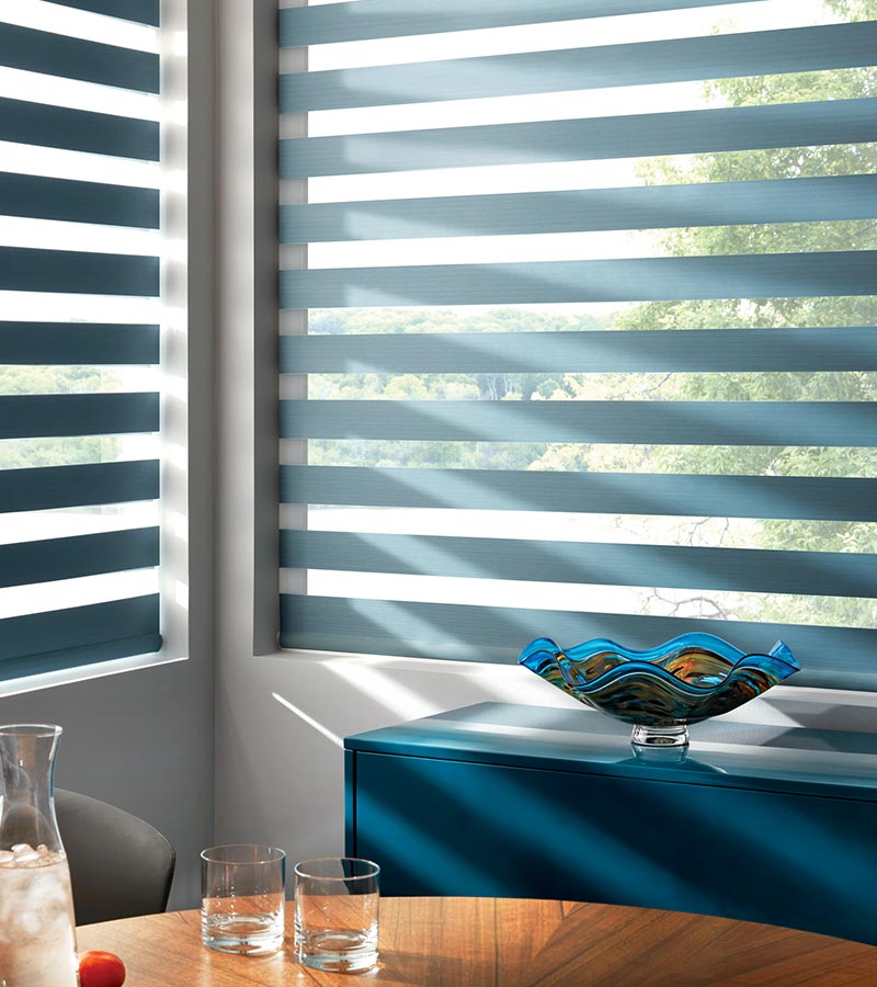 dual opacity blinds with light filtering capabilities in dining room Portland, OR