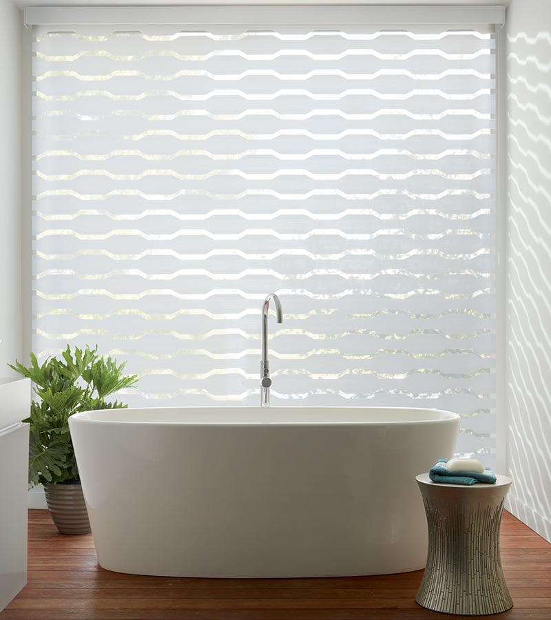 laser cut geometric window shades for white luxury bathroom Portland, OR