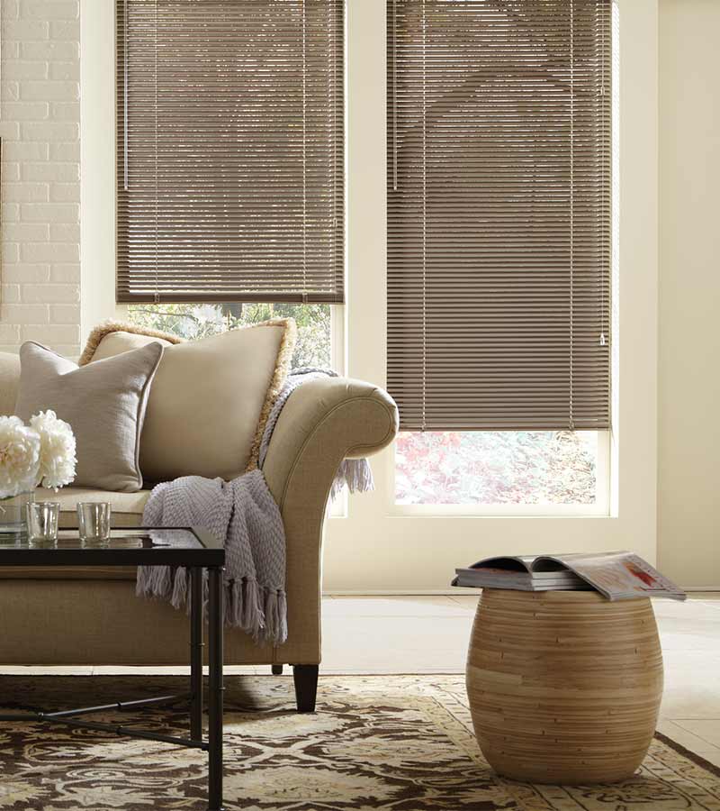 automated decor metal blinds traditional living room exposed white brick Naperville, IL