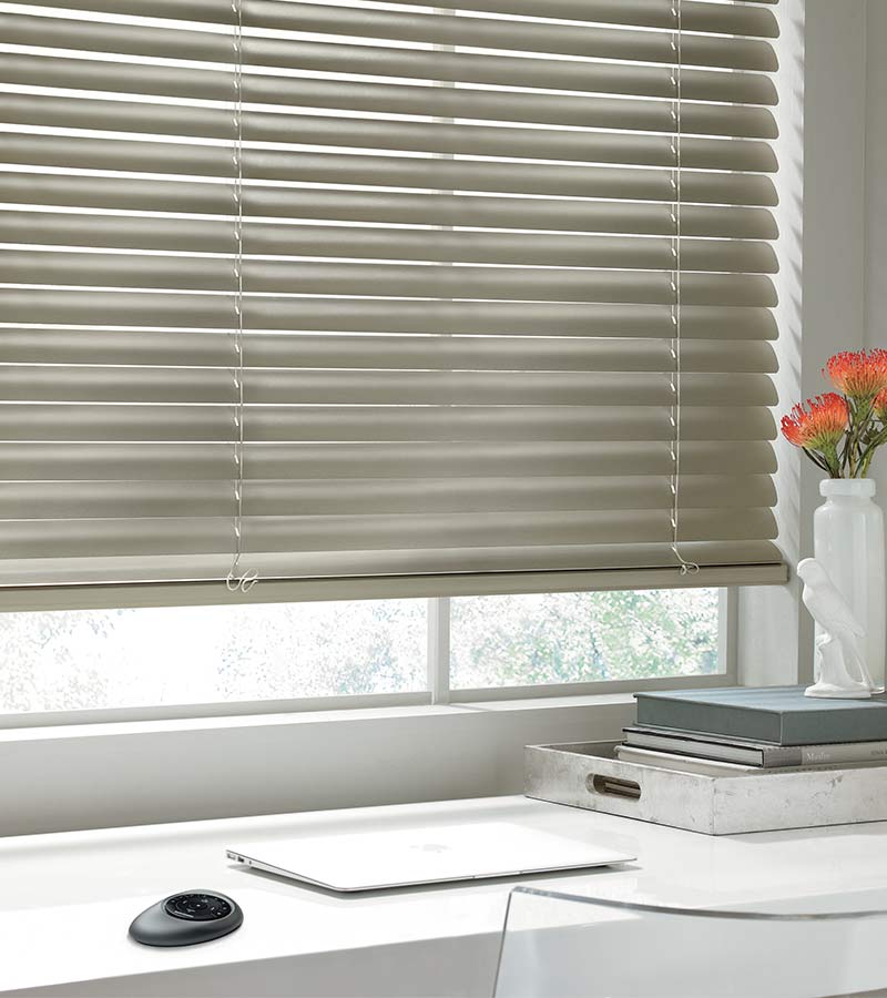 greige automated horizontal blinds in white home office Chicago, IL