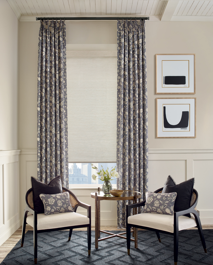 window with layered shades and side drapery panels with patterned fabric in Chicago IL