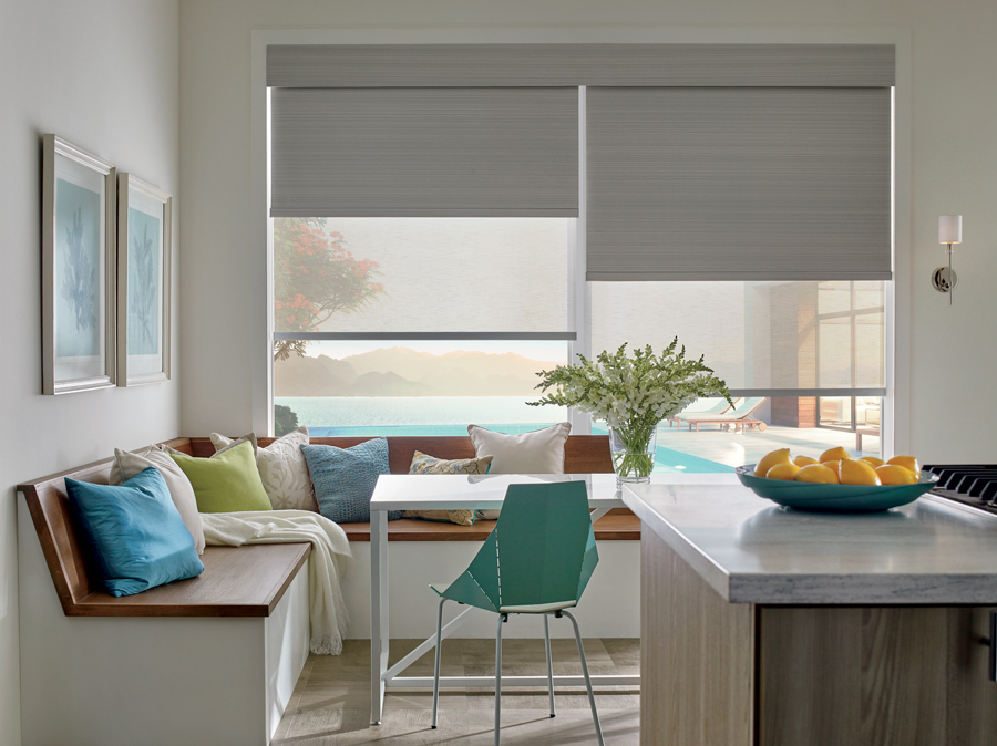 breakfast nook with dual roller shades in Portland OR