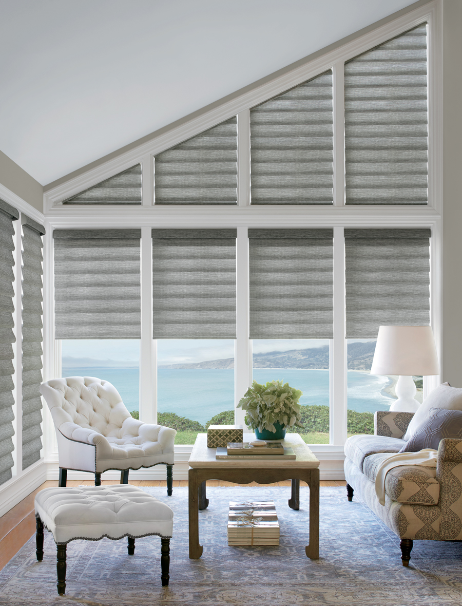 Roman shades floor to ceiling angled windows