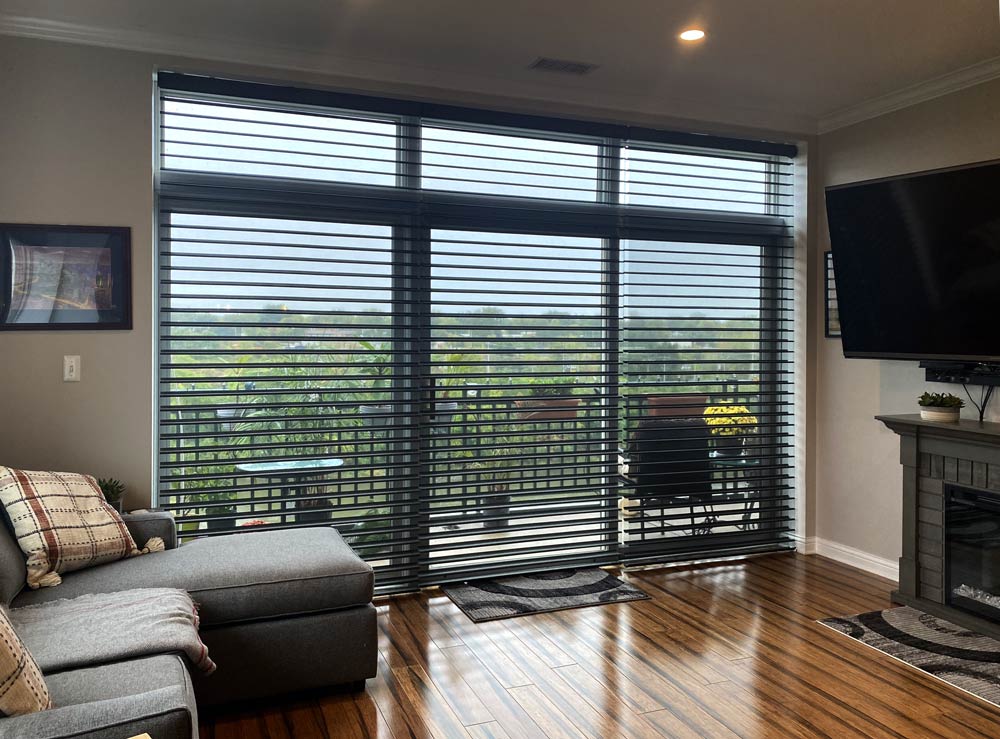 black silhouette shades with view through to outdoors on sliding door