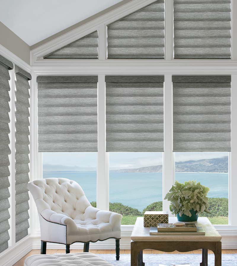 soft roman shades in high angled window overlooking Chicago river