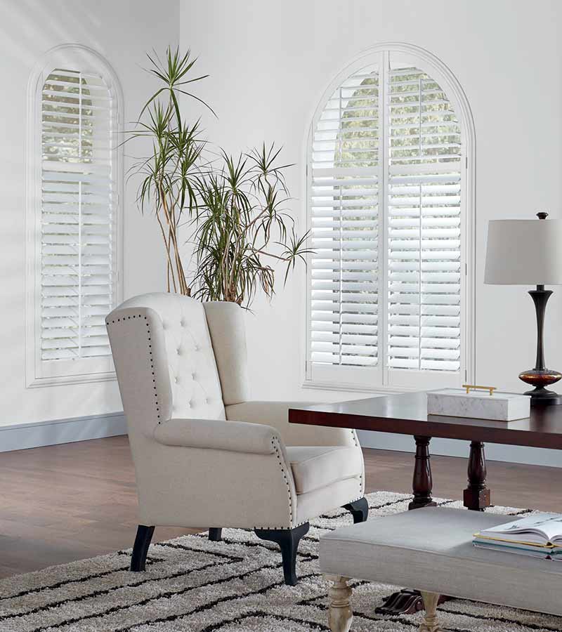 home office white shutters in arched windows Naperville, IL