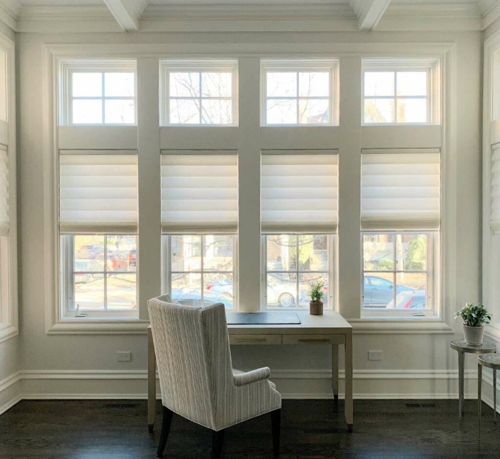 home office nook with white window shades