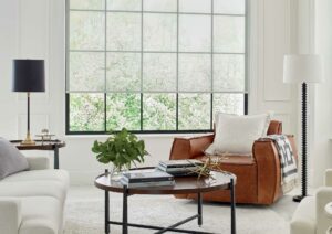 designer roller shades on black framed windows in the corner of a living room