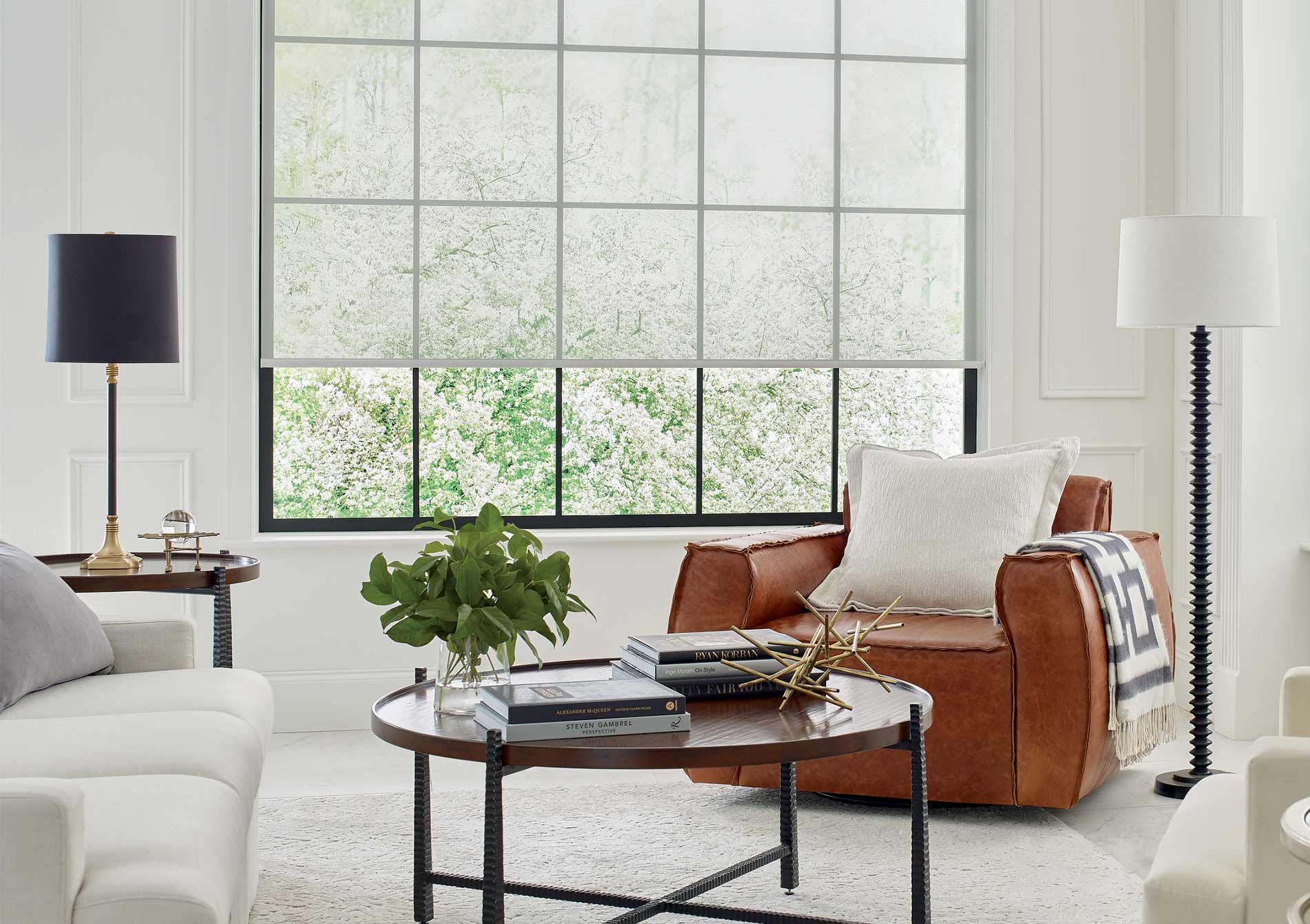 designer roller shades on black framed windows in the corner of a living room