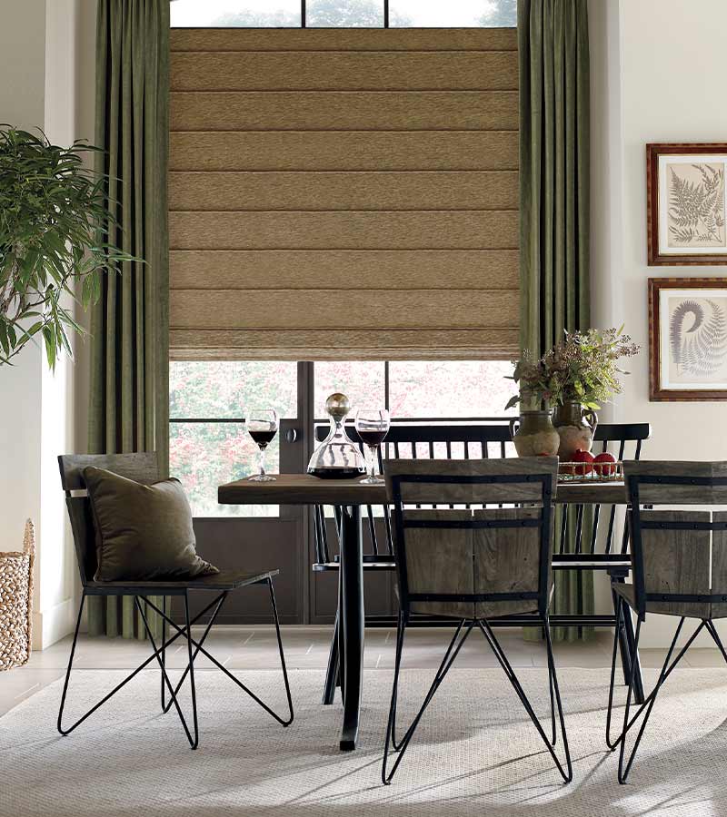 sleek dining room olive window treatments with custom pattern