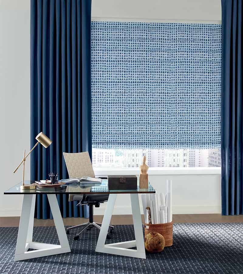 home office studio blue window treatments in Camas, WA