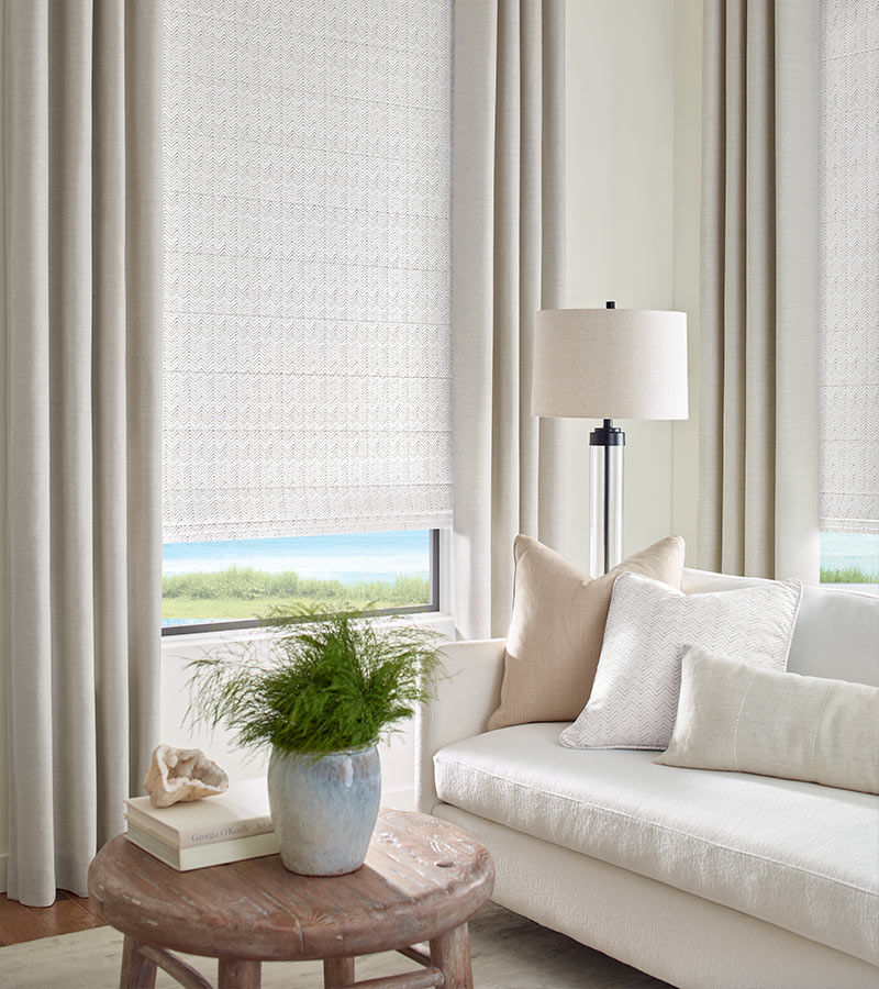 hygge inspired living room with neutral window shades in custom design Chicago, IL