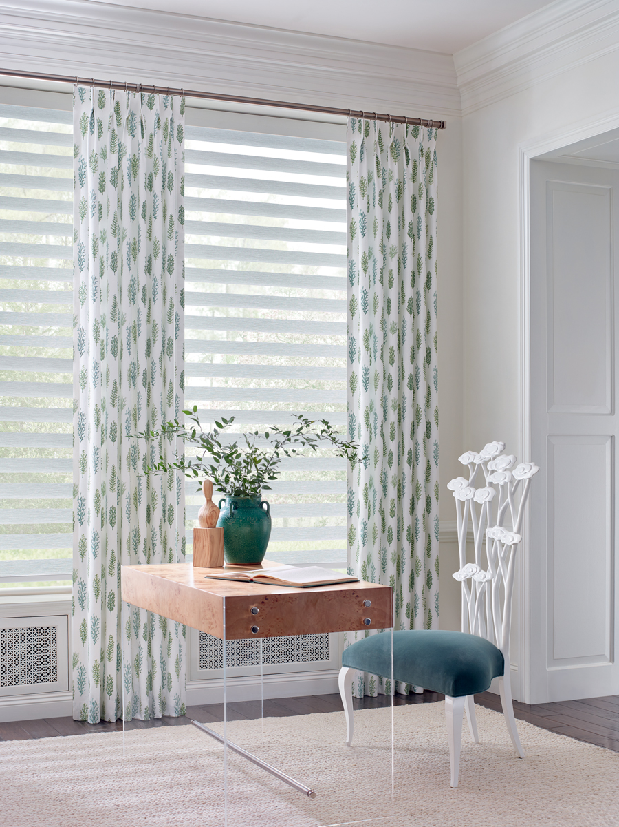 home office with custom draperies and window shades