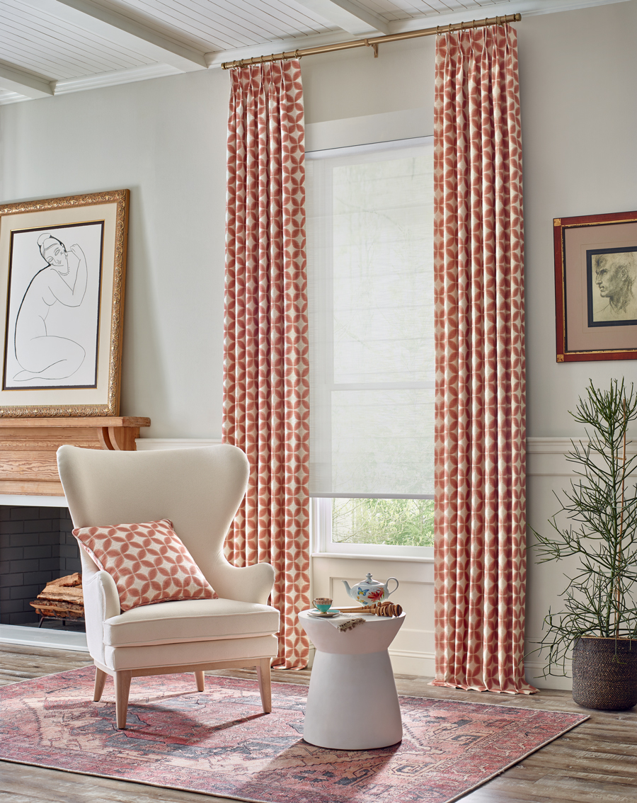 red and white drapery with white roller shades in living room in Hinsdale IL