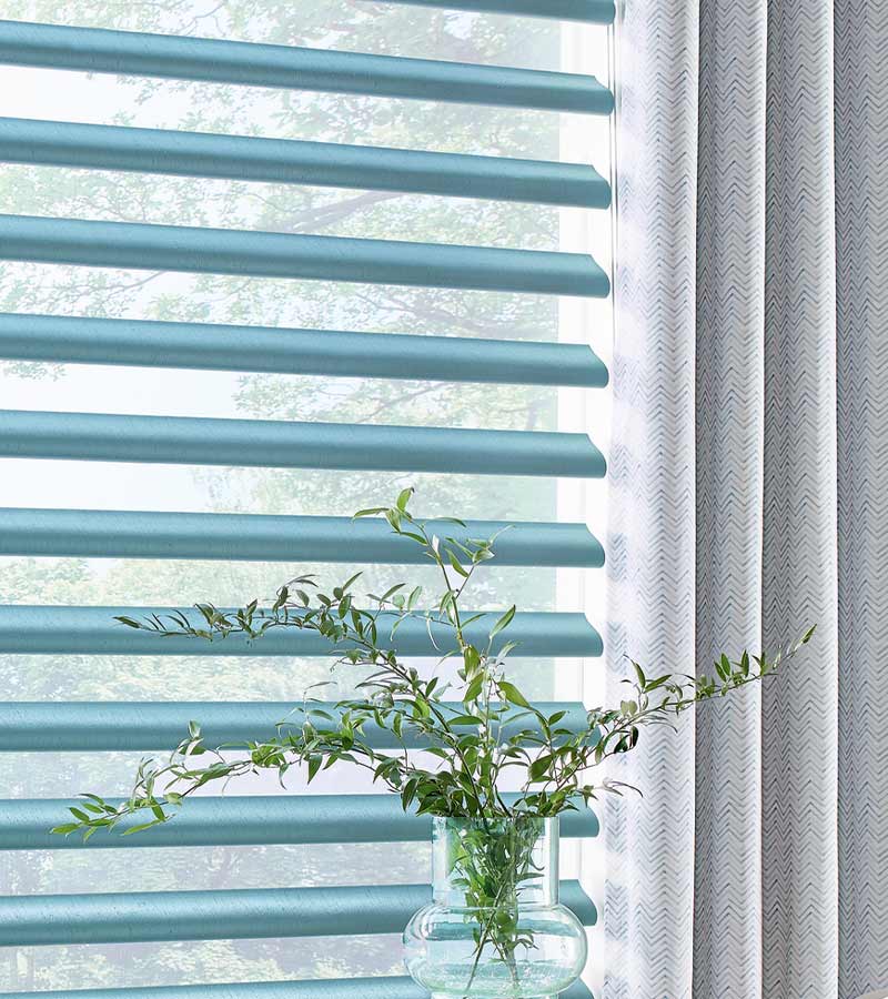 detail of blue piroutte window shades and designer drapes next to house plants