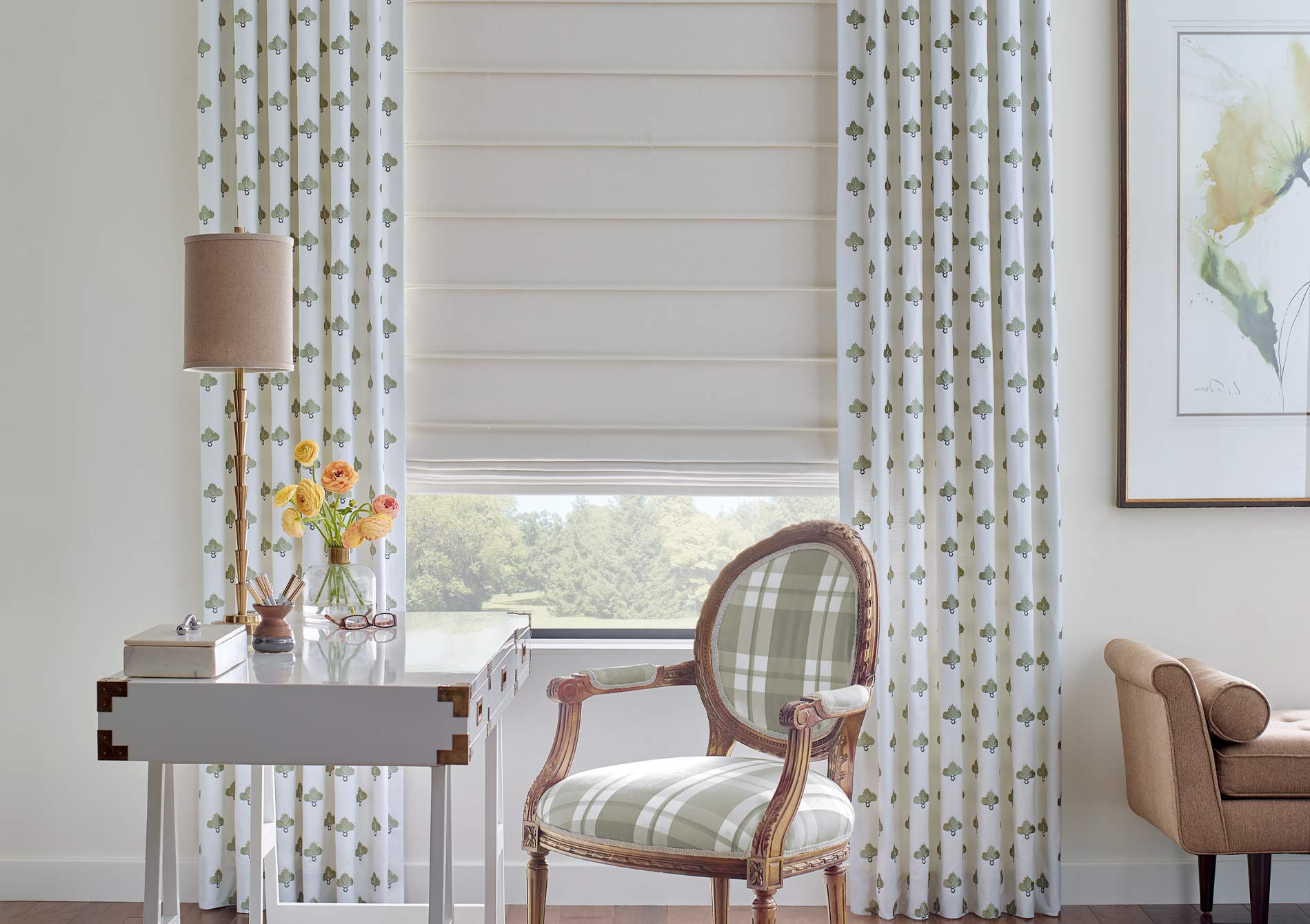 soft fabric roman shades with side panel drapery with fern pattern in Chicago, IL home office