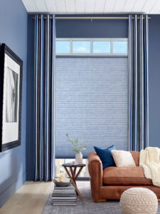 blue living room with floor to ceiling windows and blue honeycomb shades