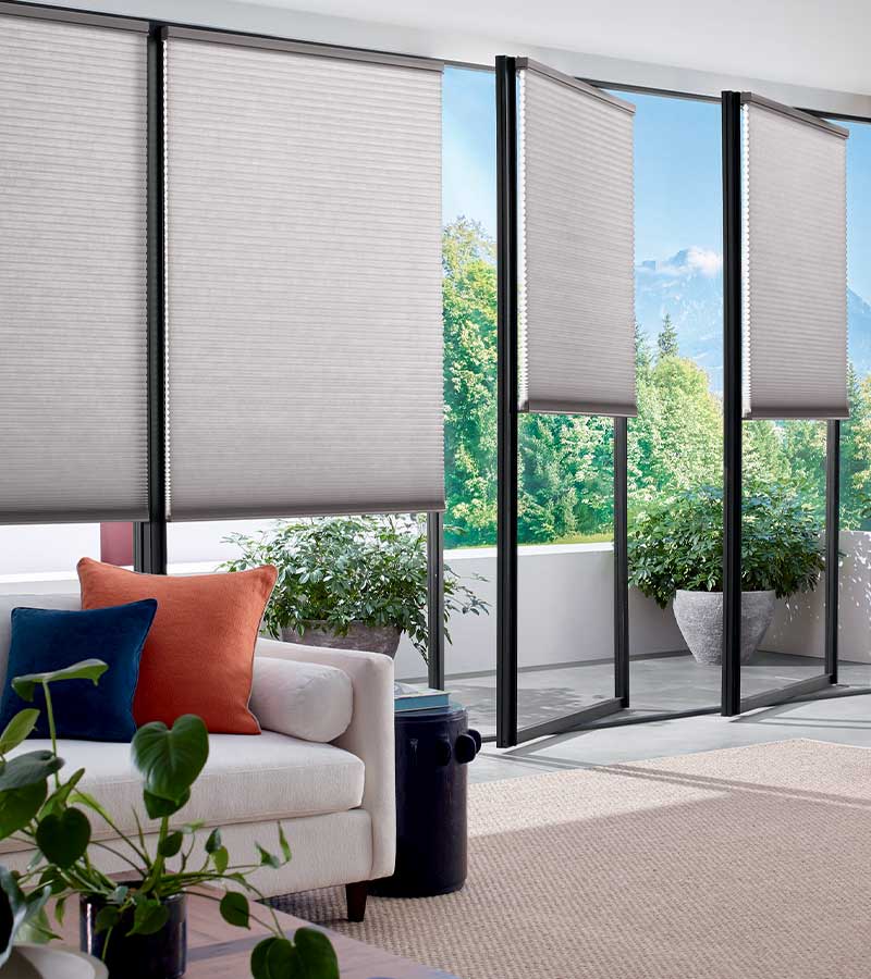 european glass doors overlaid with cellular energy efficient window shadings by Hunter Douglas in Chicago, IL