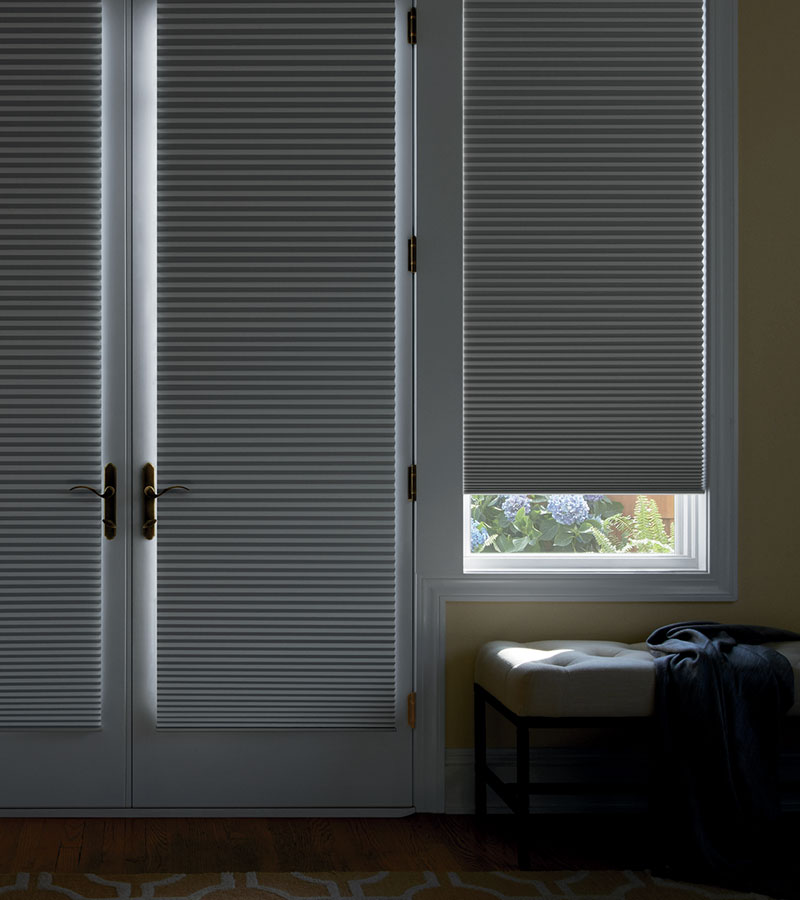 room darkening cellular shades over glass front door and adjacent window in Portland, OR