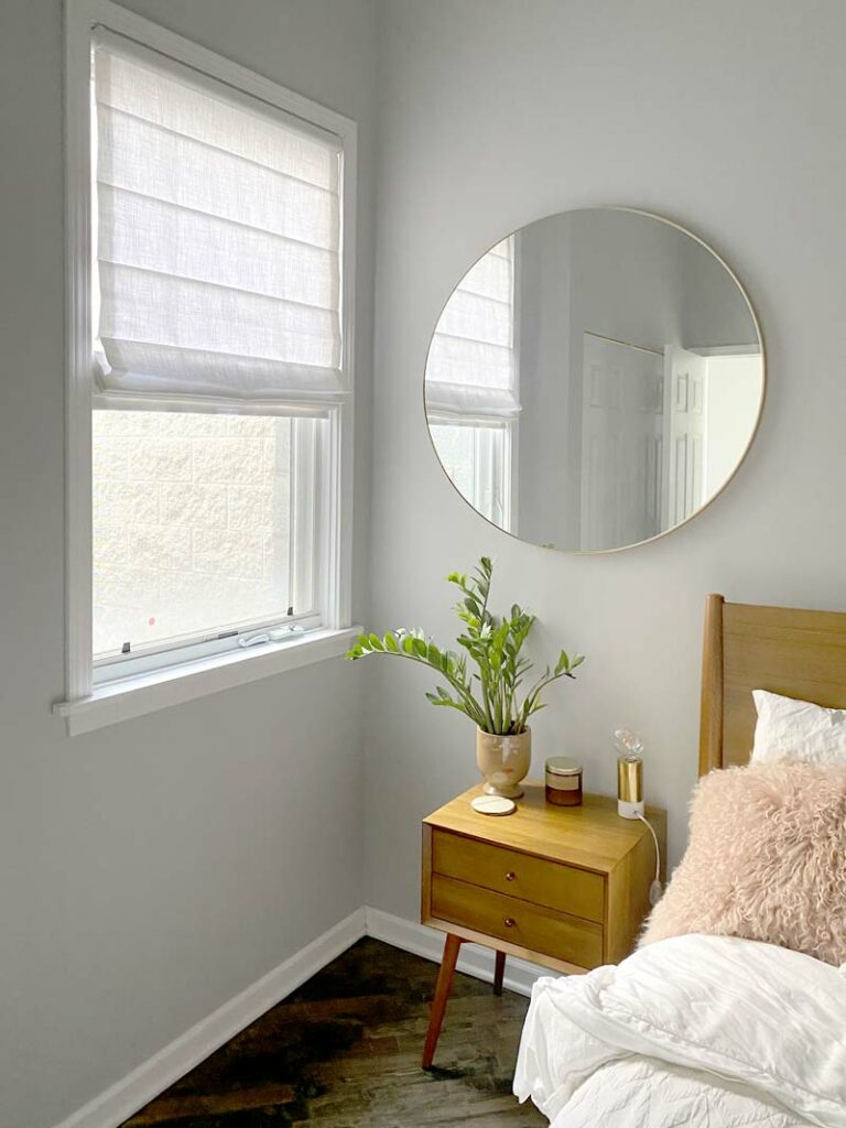 white roman shade bedroom