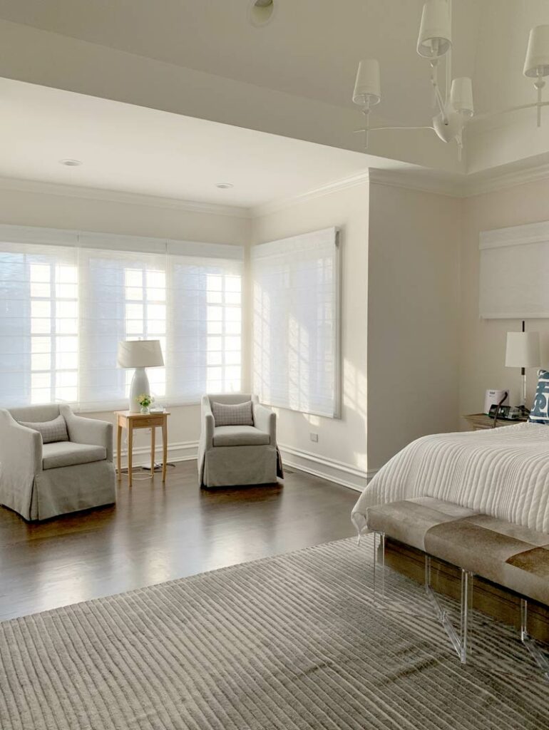 white roller shades bedroom