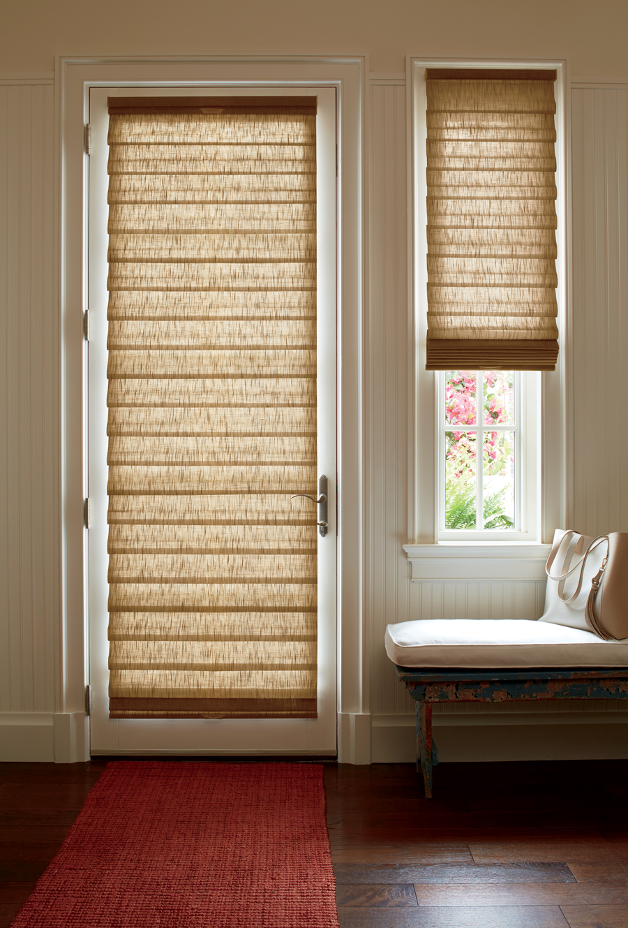 roman shades on glass door and entryway sidelights