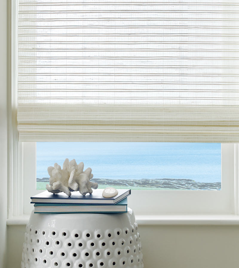 coastal living room shade in cream with horizontal texture in portland, OR