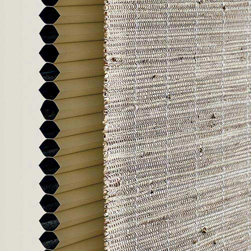 optional-honeycomb-dual-shade-hunter-douglas-provenance-woven-wood-shades-skyline-window-coverings sideview of woven shade with a honeycomb dual shade behind in it vancouver WA