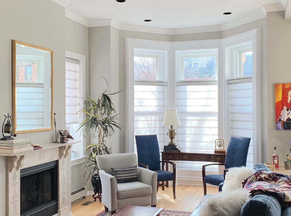 eclectic living room with roller shades Vancouver, WA