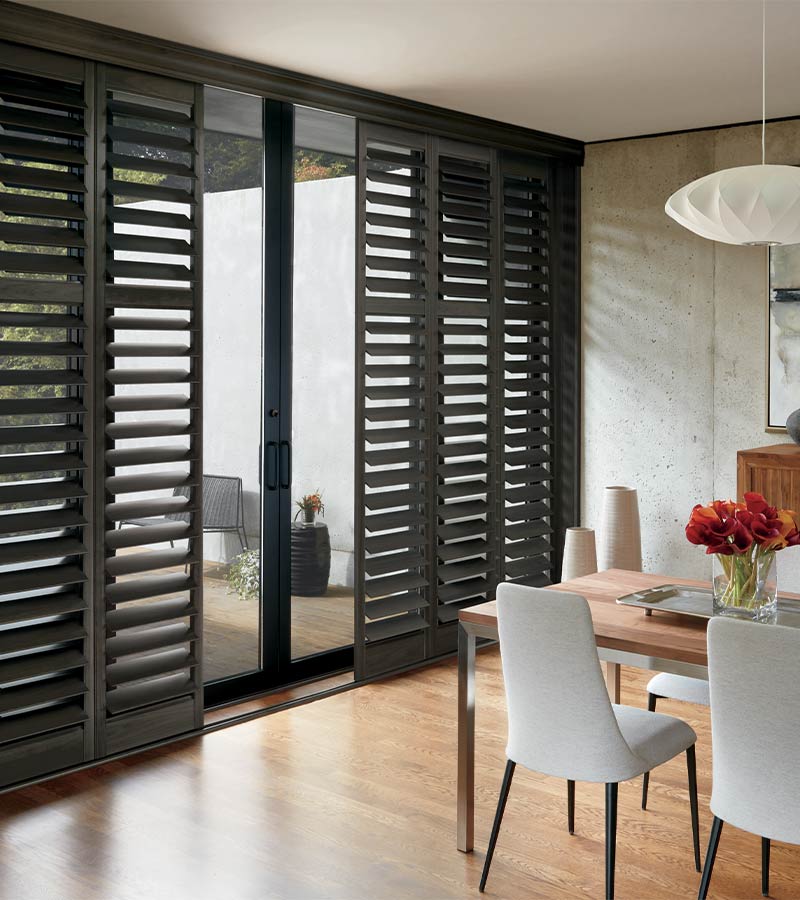 sliding patio door shutters in dark wood color Portland, OR