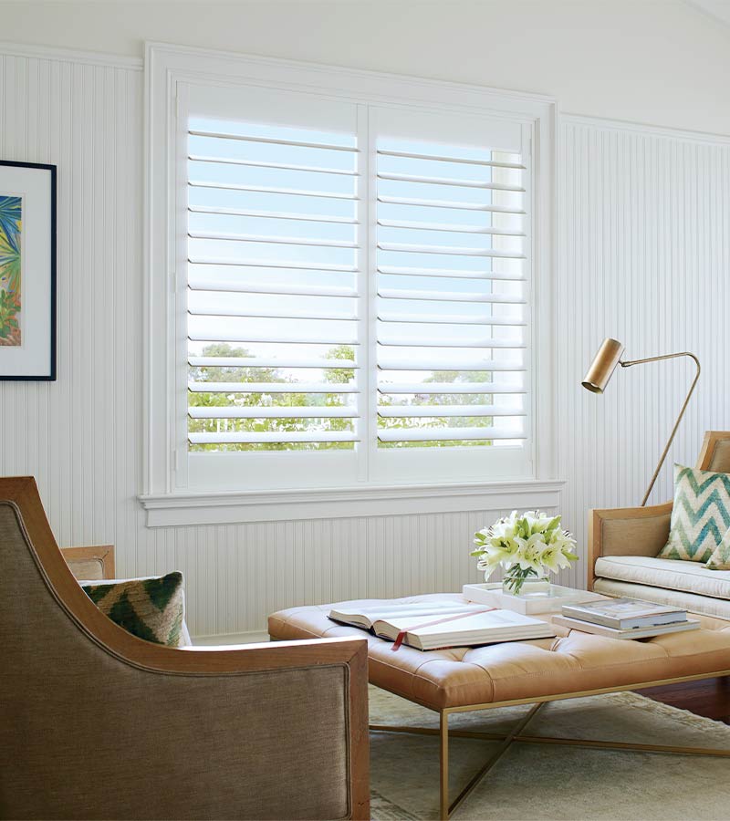 interior white plantation shutters in mid-century modern home Chicago, IL