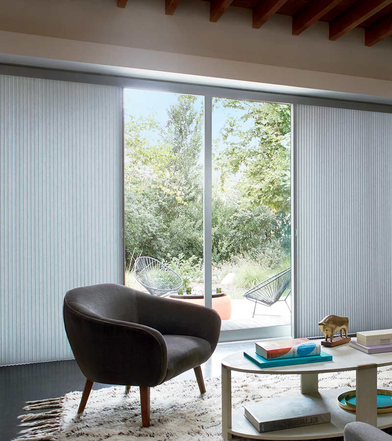 Hunter Douglas window treatments, Duette honeycomb shades on sliding glass patio doors in Chicago, IL