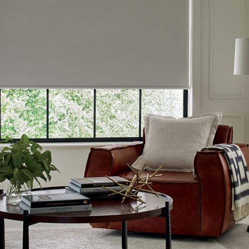 skyline-window-coverings-room-darkening-designer-roller neutral roller shades on black trim windows