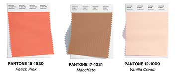 coral, brown and peach fabric swatches