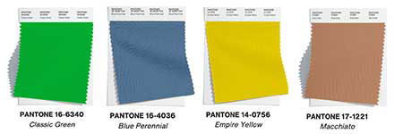 fabric swatches with green, blue, mustard and brown for pantone palette 2023